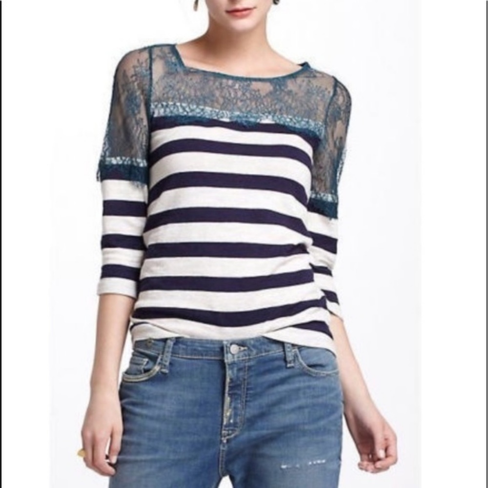 🎈Anthropologie Deletta Lace and Stripe Top, M